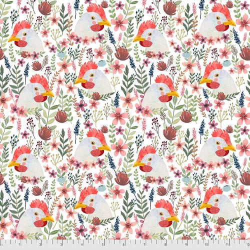 Floral Chickens - White $12.25/ Yard