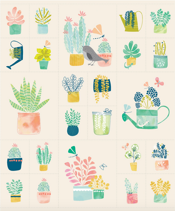 cactus, succulents, birds and watering cans together as a panel of fabric on a peach background 