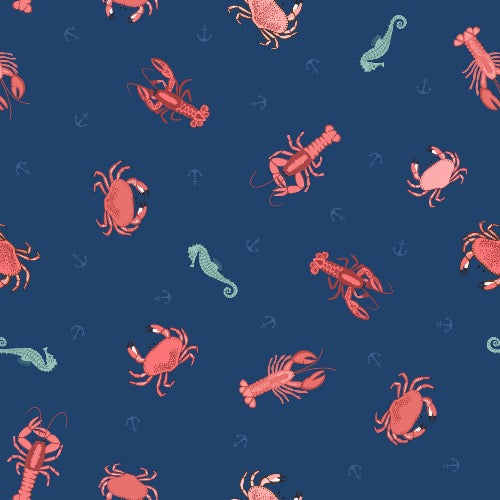 Crab, Lobster, Seahorses- Dark Blue - $12.49/ Yard