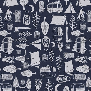 Dark blue background with illustrations of camping gear, tents , lanterns, woods