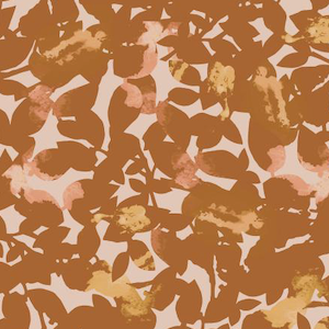 Block silhouettes of leaves in a burnt orange color on top of a peach colored background. 
