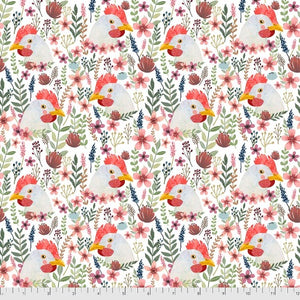 Floral Chickens - White $12.25/ Yard