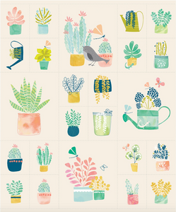 cactus, succulents, birds and watering cans together as a panel of fabric on a peach background 
